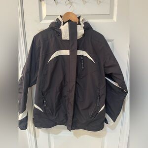 REI Precision Mountainwear Women’s Ski Jacket Black White Hooded Fur Removable L